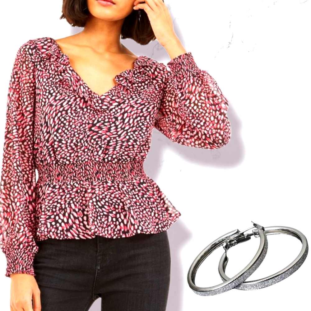 Womens pemplum V neck Top Red & Pink Leopard Print & Silver Hoop E…
